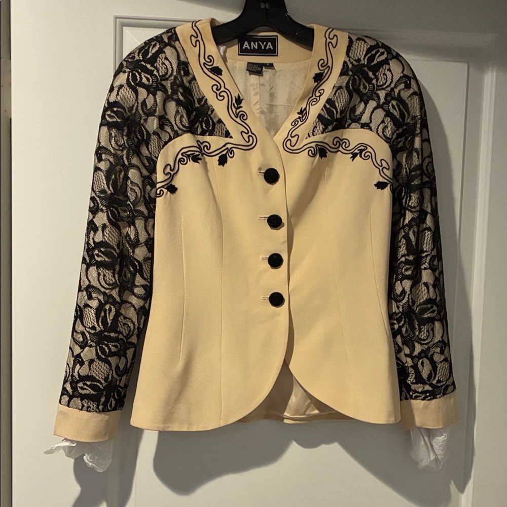 Designer Beige silk & Black Lace throughout  Women's Jacket w/bejeweled buttons